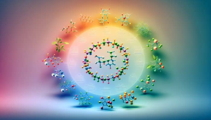 Illustration of nine essential amino acids in colourful molecule structures arranged in a circle on a gradient background.
