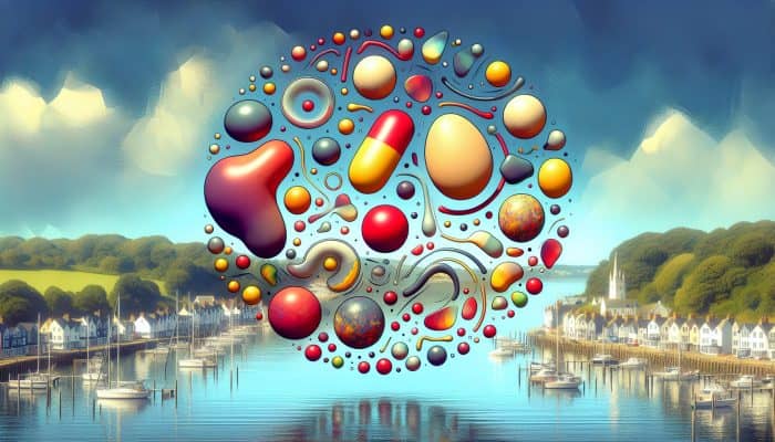 Infographic of cholesterol test results with graphs, set against Poole's scenic harbor.