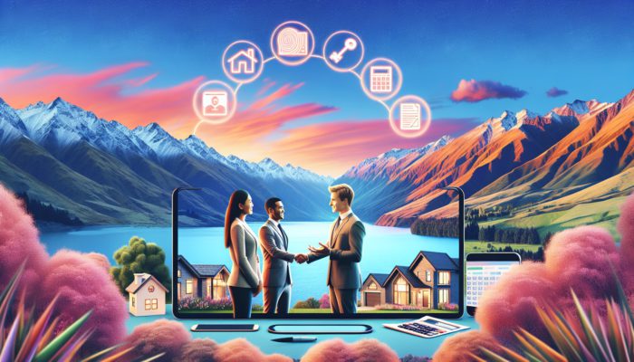 A real estate agent guiding a couple through Queenstown's property buying process, with the Remarkables in the background.