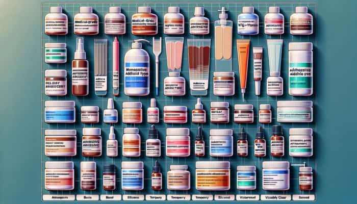 A table displaying various wig adhesives, each labeled for skin type and hold strength.