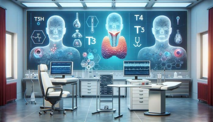 A medical chart showing thyroid test results with TSH, T4, T3 levels and thyroid gland illustrations.