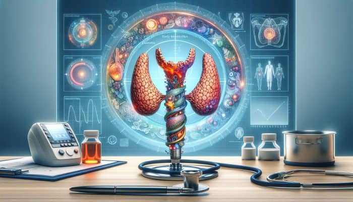 Illustration of a thyroid gland with diagnostic tools, emphasizing early detection and relief through regular testing.