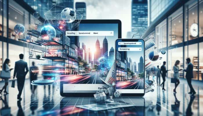 E-commerce website viewed on smartphone and laptop, featuring intuitive navigation, fast loading, and mobile responsiveness in a Bampton business setting with shoppers.