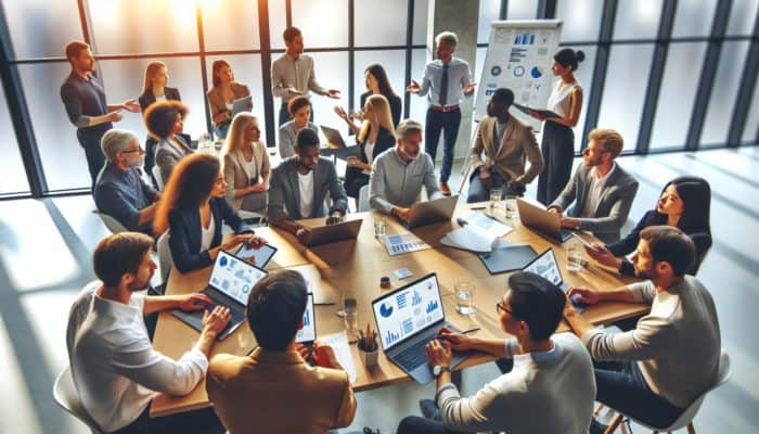 Bampton business owners attending an e-commerce workshop, collaborating with tech experts while using laptops.