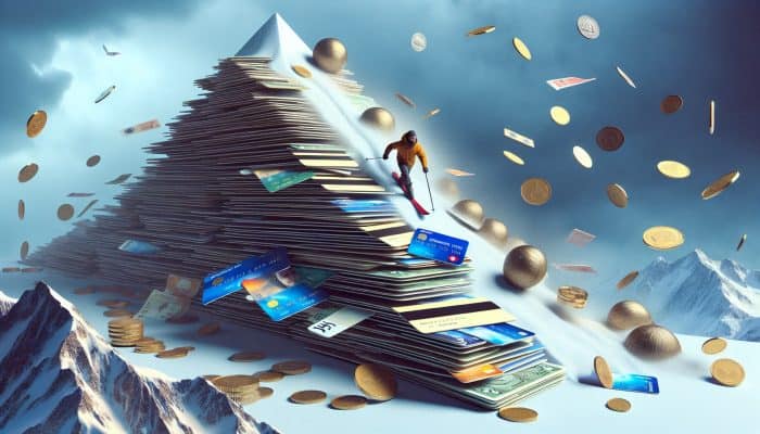 Utilising the Avalanche Method with Consolidation Loans: UK Guide | DCL Individual skiing down a mountain of credit cards with an avalanche of coins and bills, symbolising the avalanche method in the UK.
