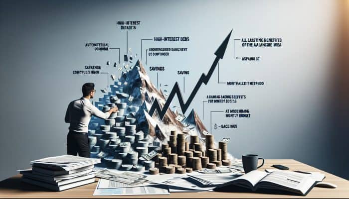 Utilising the Avalanche Method with Consolidation Loans: UK Guide | DCL Individual at a desk reviewing financial documents, graphs indicate decreasing high-interest debts and increasing savings.