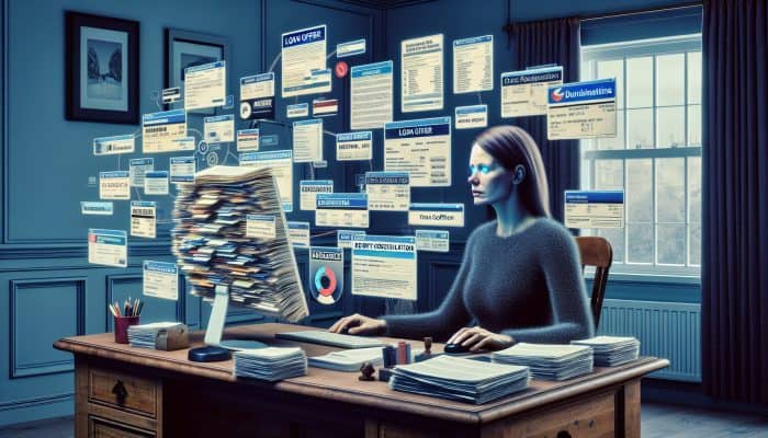 How to Use Spreadsheets for Debt Consolidation: Australian Guide | DCL A person reviewing financial documents and credit scores, surrounded by loan brochures, with a computer showing a debt consolidation application in Australia.