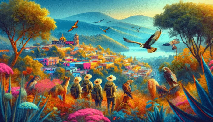 A vibrant San Miguel de Allende landscape with experts guiding a wildlife tour, showcasing exotic birds and local fauna.