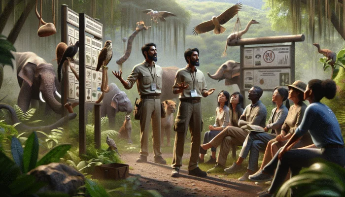 A guide explains conservation challenges to a group in a lush habitat using educational diagrams and posters.