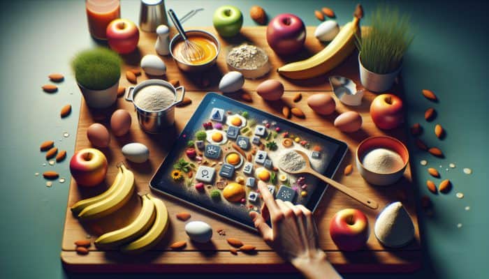 A beginner cook uses a tablet to learn about ingredient substitutions in a vibrant kitchen, surrounded by eggs, applesauce, bananas, almond flour, and oats.