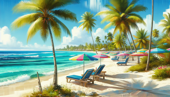 A vibrant scene at Coco Beach, Belize, showcasing palm trees, turquoise waters, and colourful beach umbrellas.