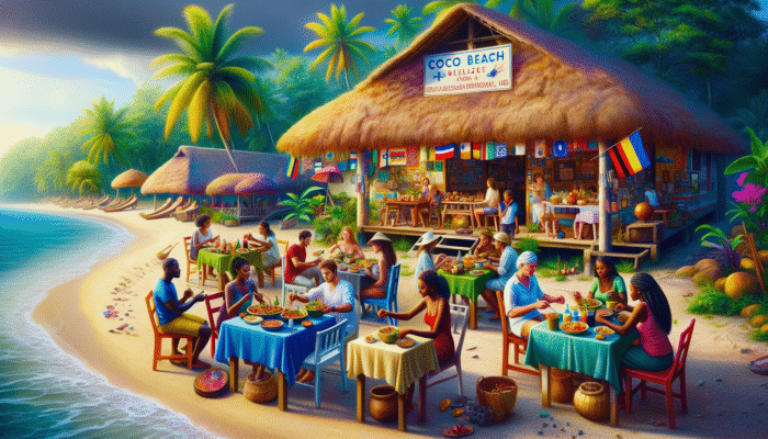 Locals dining at a colourful family-run restaurant in Coco Beach, Belize, enjoying authentic Belizean cuisine.