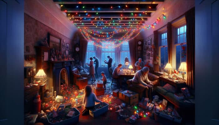 Warmly lit UK home at dusk, family packing holiday decorations, festive lights twinkling.