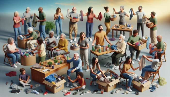 Family participating in a 'declutter party', sorting possessions together over a 30-day challenge.