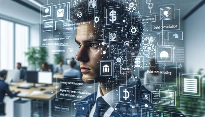 Individual in a UK office assessing debt consolidation loans with various documents and charts.