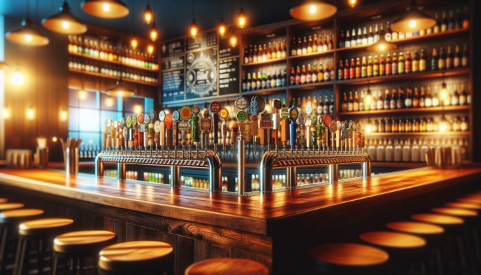 Cozy bar interior with vibrant local craft beer display, fostering community atmosphere.