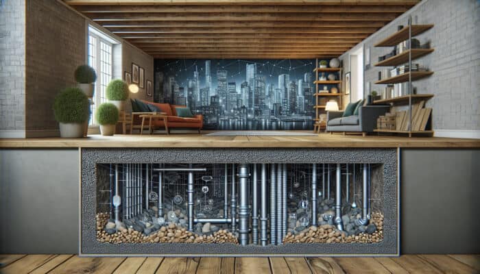 Detailed cross-section of a Yaletown home’s crawl space showcasing advanced drainage solutions alongside the city skyline.