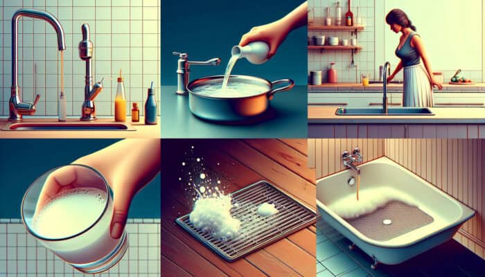 A homeowner performing drain maintenance with boiling water, baking soda, vinegar, and a drain screen.