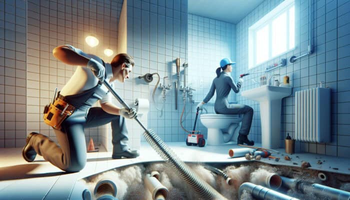A plumber using a flexible auger and another using hydro jetting in a modern bathroom to clear blockages in pipes.