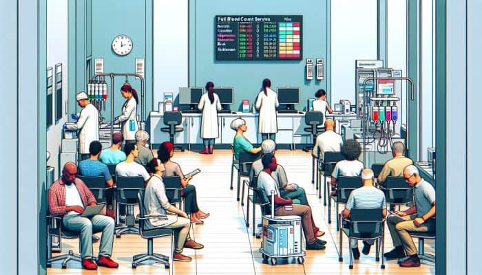 A bustling health clinic in Chadderton, showcasing patients waiting for full blood count services, equipped with modern medical tools and friendly staff.