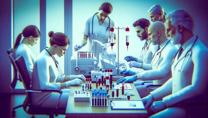 Visual representation of FBC testing in a Chadderton clinic, with professionals analysing results for early detection of anaemia and infections.