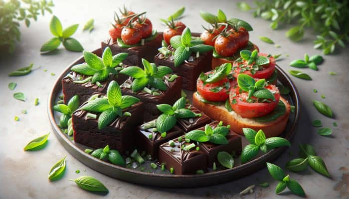 A vibrant snack platter with chocolate brownies and mint, and tomato bruschetta with basil.
