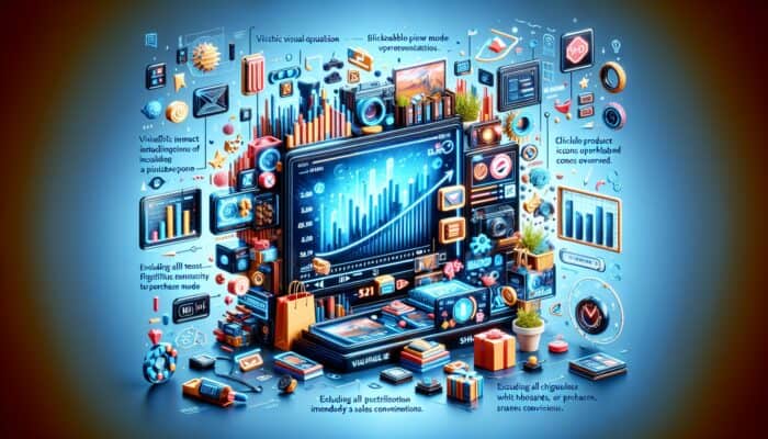 A vibrant digital interface showcasing a shoppable video with clickable product icons, enhancing sales conversion.