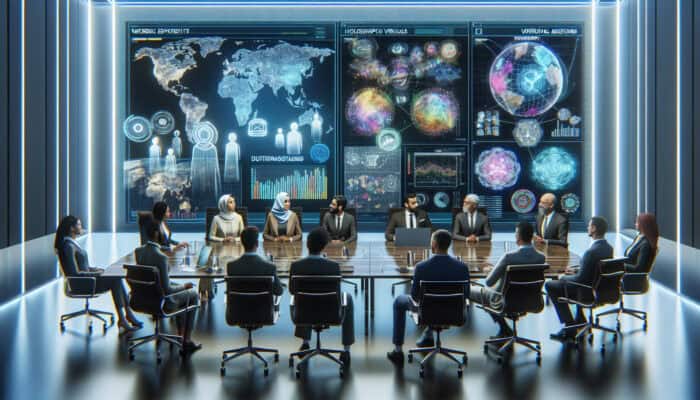 A diverse group of global experts discussing trends with holographic virtual assistants in a modern conference room.