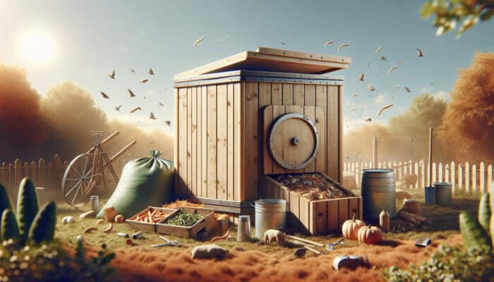 A robust, ventilated compost bin with a sealed design in a sunny yard, filled with pet waste, surrounded by composting tools and various composters.