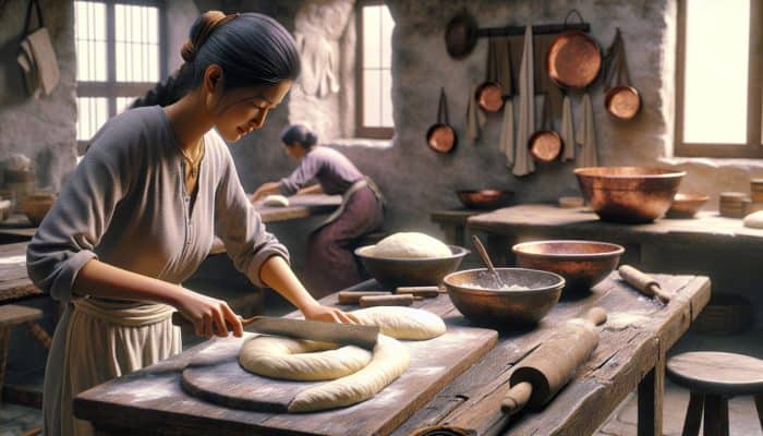 A baker using a dough scraper to manage sticky dough on a wooden table in a rustic kitchen.