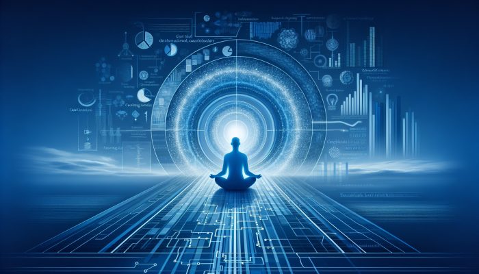 A serene person with a calming blue financial chart, path to a hopeful horizon.