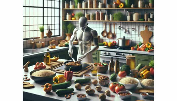 A person assembling a high-calorie meal with grilled chicken, brown rice, olive oil, vegetables, and nuts.