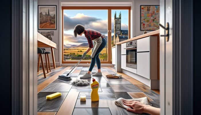 A person diligently cleaning grout haze from kitchen floor tiles in West Dunbartonshire, showcasing Scottish architecture in the backdrop.