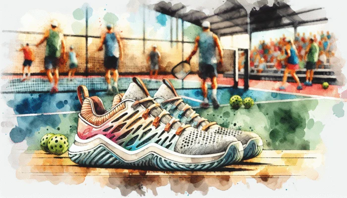 A pair of athletic Xero Shoes sits on a wooden bench in the foreground, with a pickleball court, players, and spectators blurred in the background. Several pickleballs are scattered near the shoes.