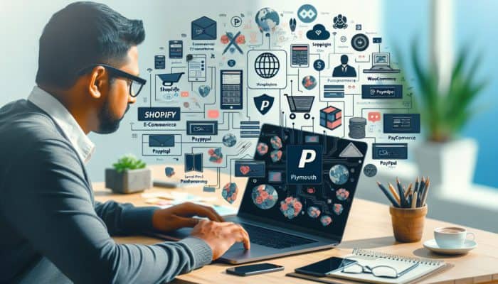 A small business owner configuring e-commerce on a laptop with logos of Shopify, WooCommerce, Magento, PayPal, and Stripe visible.