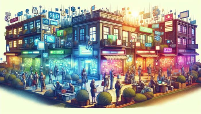 A vibrant e-commerce scene in Plymouth showcasing SEO keywords on digital screens and customers interacting with search engines.