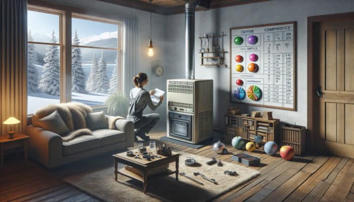 A technician evaluates an old furnace in a comfortable living room, with service plan charts displayed and a snowy Langley view outside.