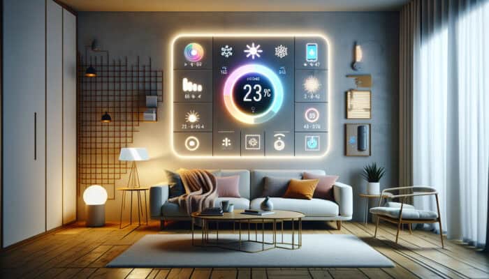 Smart thermostat mounted on a wall in a contemporary living room, controlled by a smartphone, with sensors monitoring the heating system.