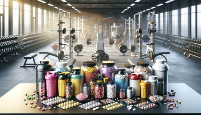 Colourful powders, pills, and clear liquid nitric oxide boosters on a table with gym equipment.