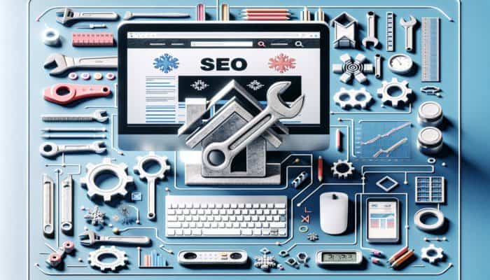 5 SEO Hacks: A digital workspace illustrating a webpage with "Hamilton HVAC repair" prominently displayed in the initial 100 words, surrounded by various SEO tools and graphs.