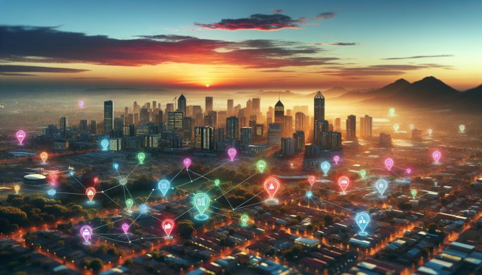 Aerial view of Midrand at sunset with vibrant markers indicating entry-level property hotspots amidst modern architecture and greenery.