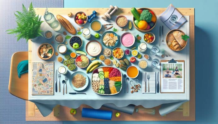 A table with gut-healthy foods like yogurt, kefir, and vegetables, surrounded by water, exercise gear, and a yoga scene.