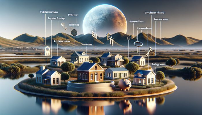 A serene Mossel Bay landscape with entry-level estates and icons representing various financing options.