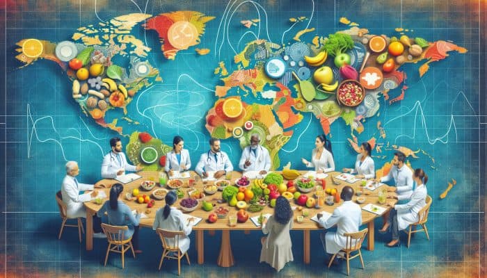 Diverse experts discussing healthy eating tips around a world map with fruits, nuts, and salads on display.