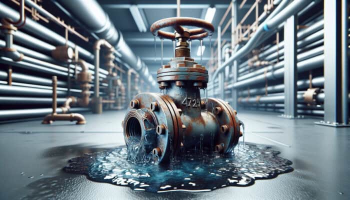 Corroded water valve leaking, surrounded by pool, with rust and discoloration, in utility room.