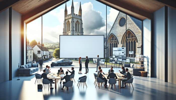 Modern WordPress design studio in Glastonbury, featuring professionals collaborating around a large screen against a backdrop of historic architecture.