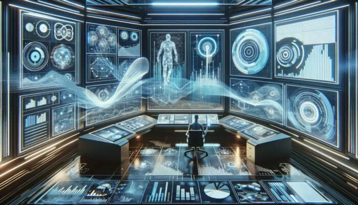 A futuristic control room where a virtual assistant analyses data visualisations and strategic planning charts.