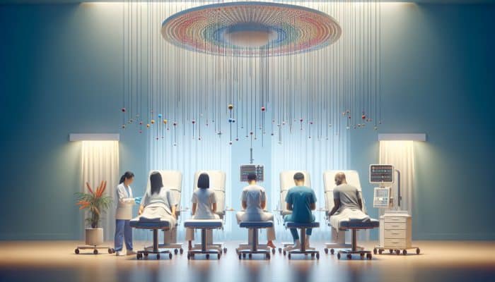 A diverse group of patients receiving acupuncture in a peaceful UK hospital environment, part of NHS pain management initiatives.