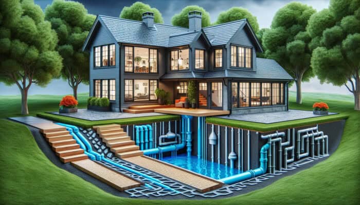 Modern West End home featuring sump pump and French drains preventing flooding and redirecting water.