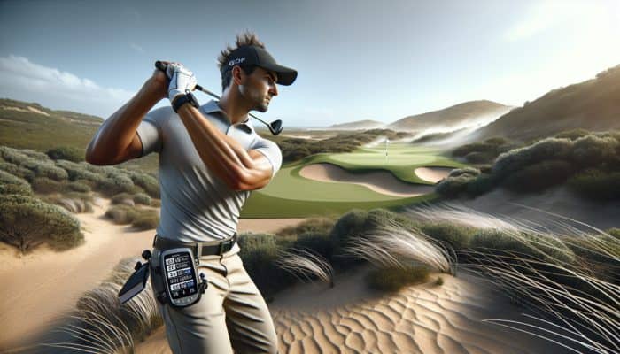 Golfer practicing low stinger shot on South African course with undulating greens and sandy soil, using GPS.